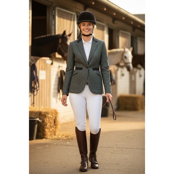 Nanette Lepore green tweed blazer with black elbow patches and trim - Picture 7 of 7